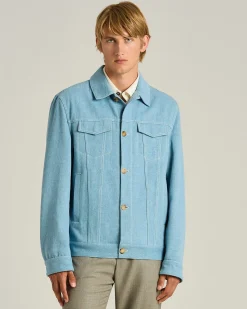 AZURE COTTON JACKET WITH LAMBSKIN DETAIL AND CUPRO LINING