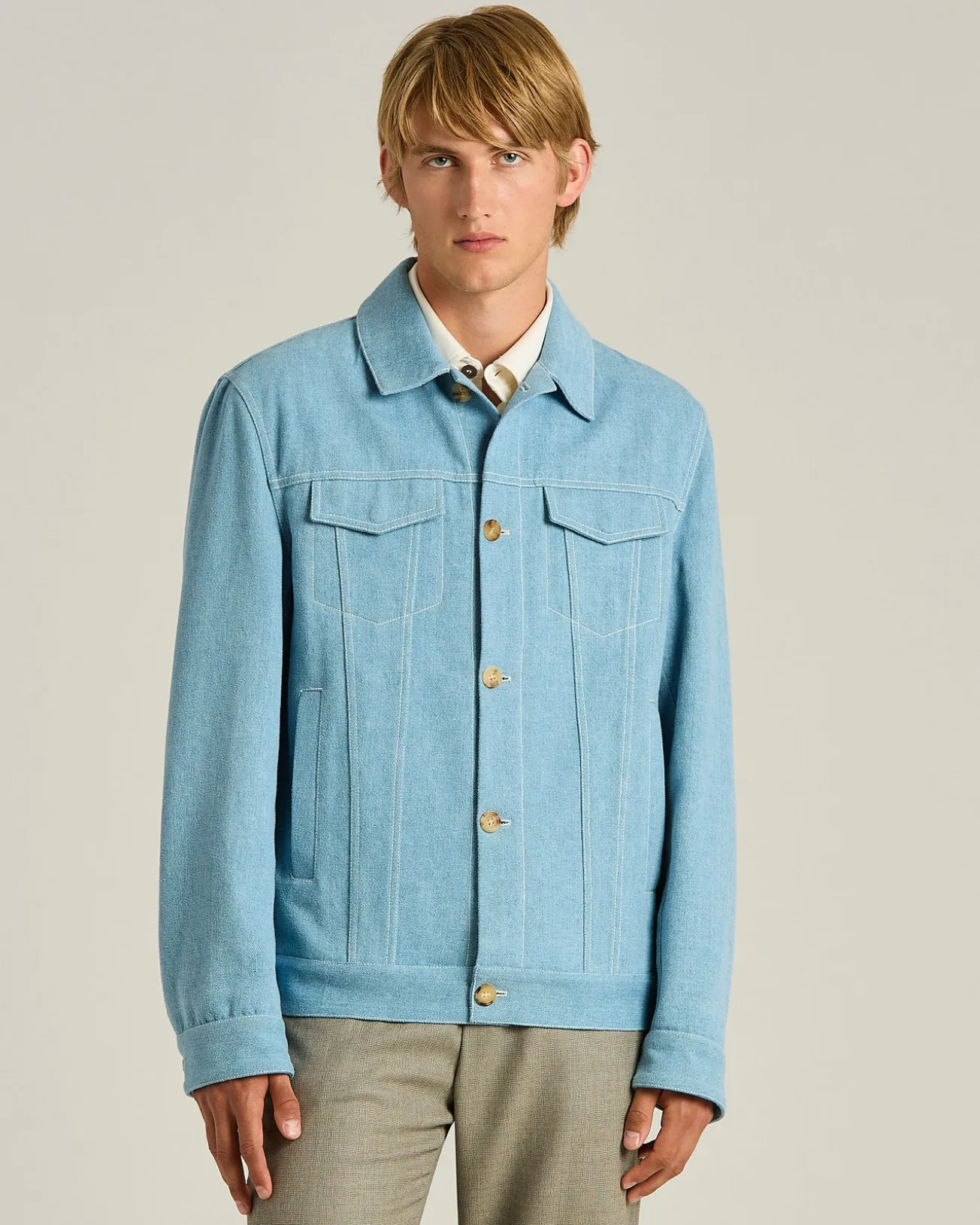 AZURE COTTON JACKET WITH LAMBSKIN DETAIL AND CUPRO LINING