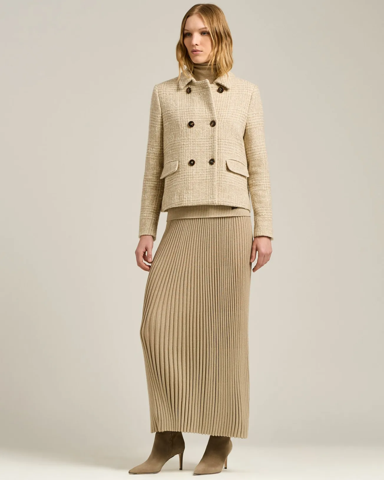 BEIGE DOUBLE-BREASTED WOOL AND ALPACA-BLEND PEA COAT