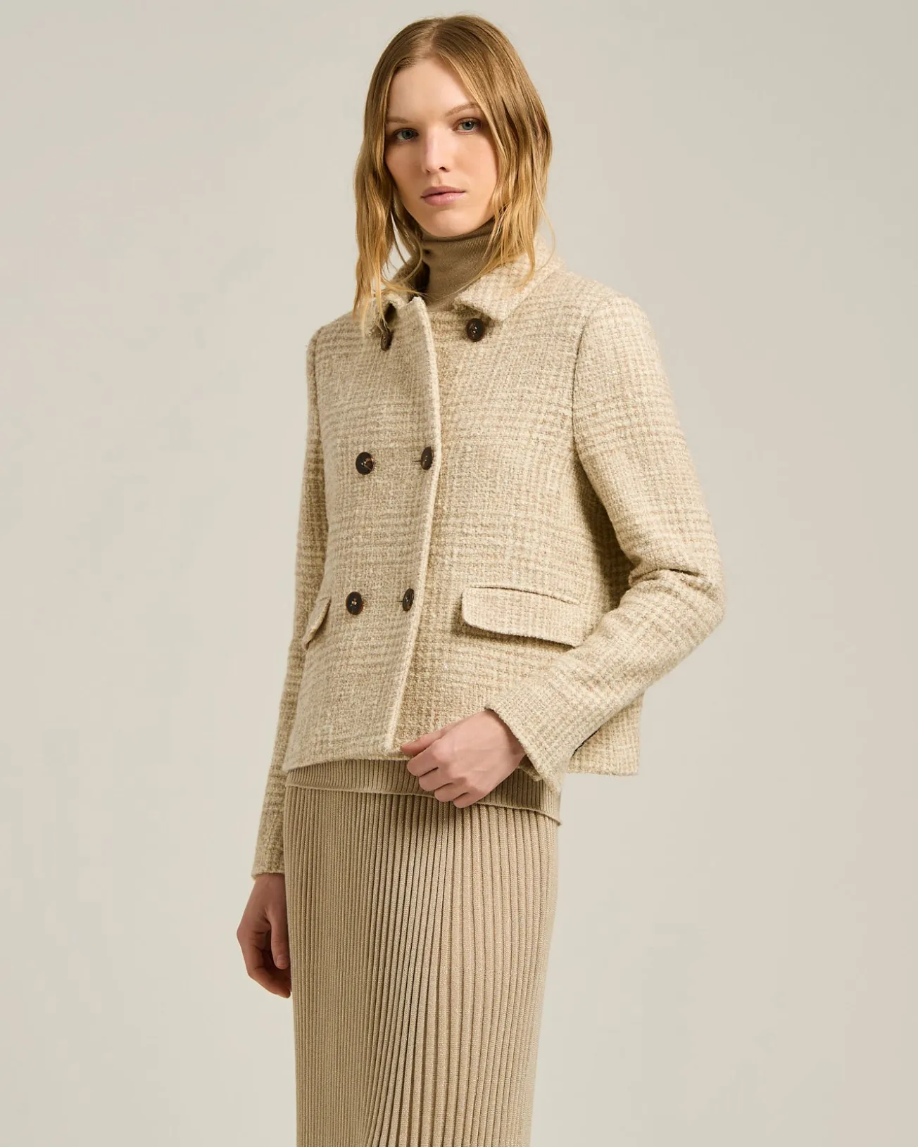 BEIGE DOUBLE-BREASTED WOOL AND ALPACA-BLEND PEA COAT