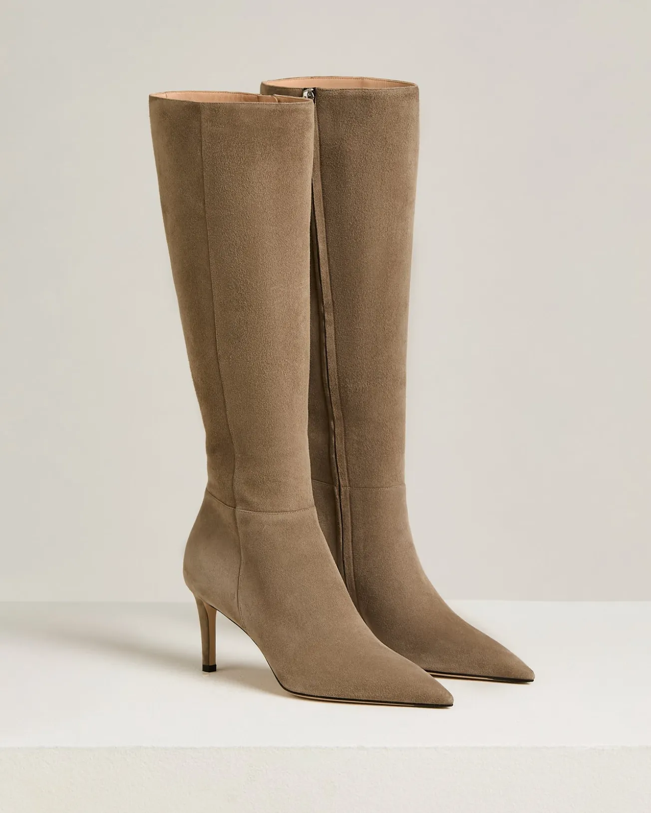 BEIGE KID SUEDE BOOTS WITH STILETTO HEEL