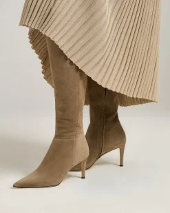 BEIGE KID SUEDE BOOTS WITH STILETTO HEEL