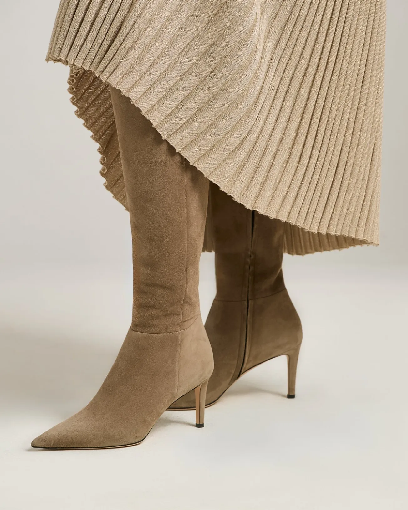 BEIGE KID SUEDE BOOTS WITH STILETTO HEEL