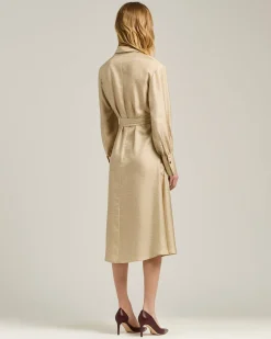 BEIGE PRINTED SILK KNEE-LENGTH SHIRT DRESS