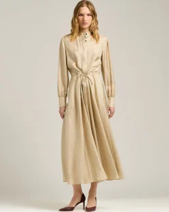 BEIGE PRINTED SILK MIDI SHIRT DRESS