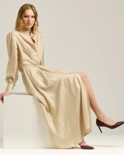 BEIGE PRINTED SILK MIDI SHIRT DRESS