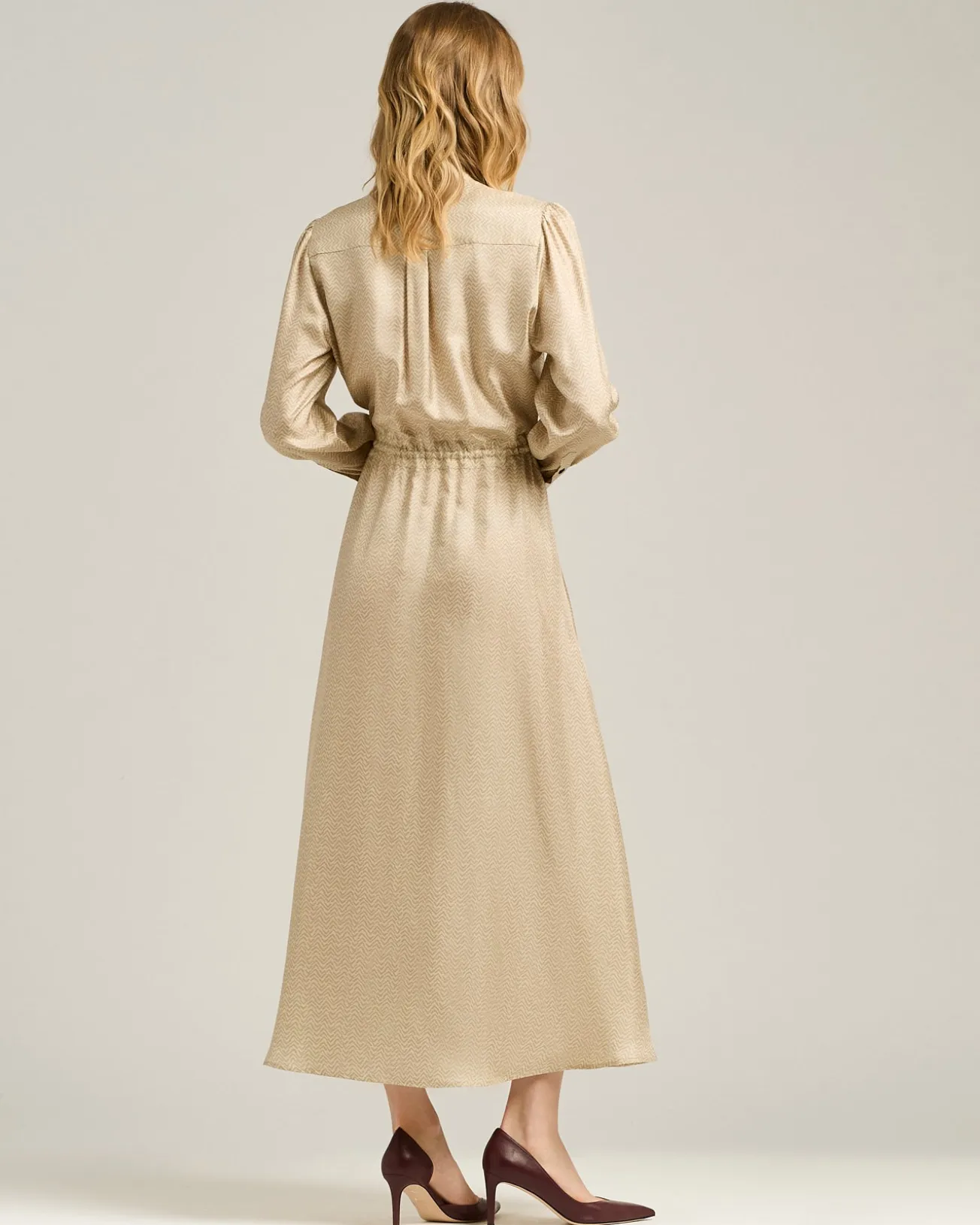 BEIGE PRINTED SILK MIDI SHIRT DRESS