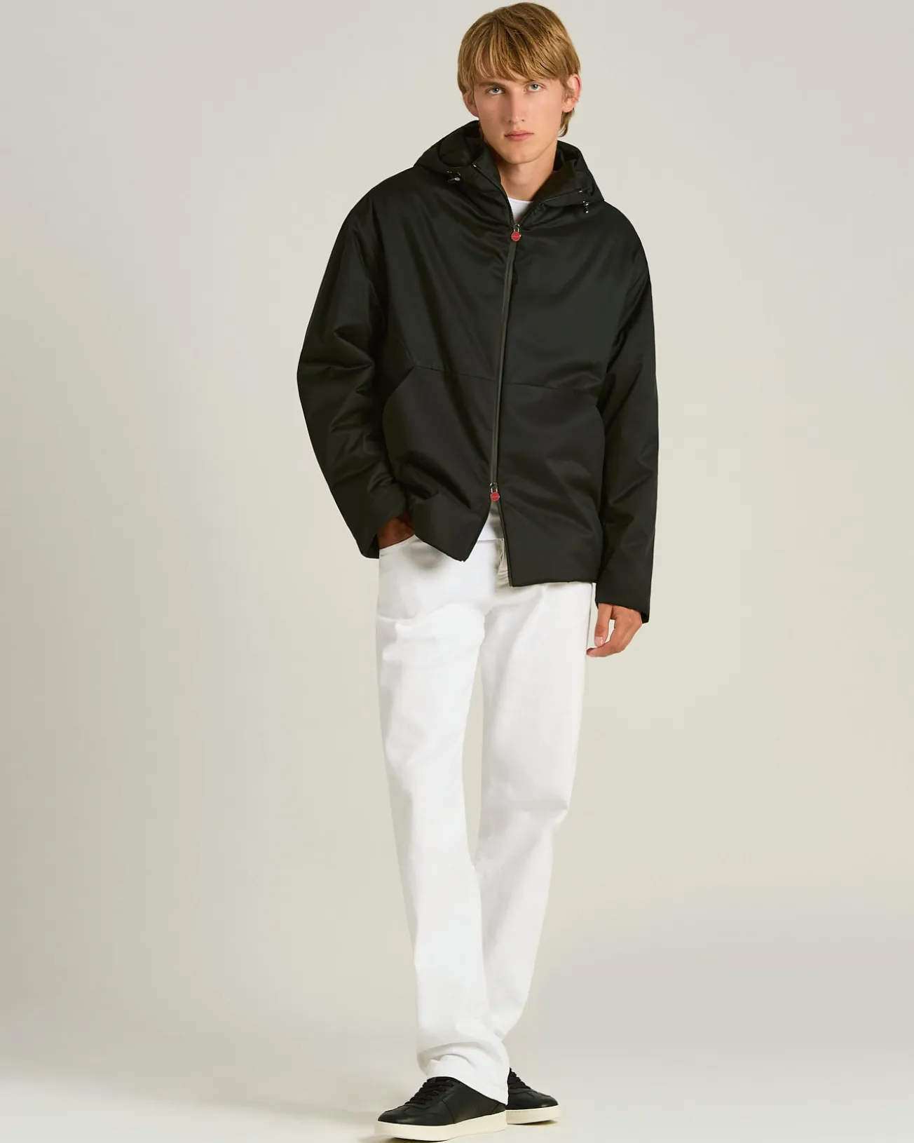 BLACK HOODED TECHNICAL FABRIC JACKET