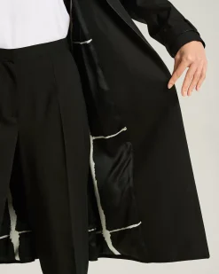 BLACK SILK SATIN OVERCOAT WITH CALFSKIN DETAILS
