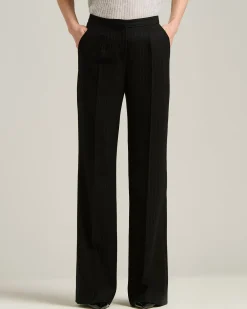 BLACK WIDE-LEG PINSTRIPE WORSTED WOOL TROUSERS