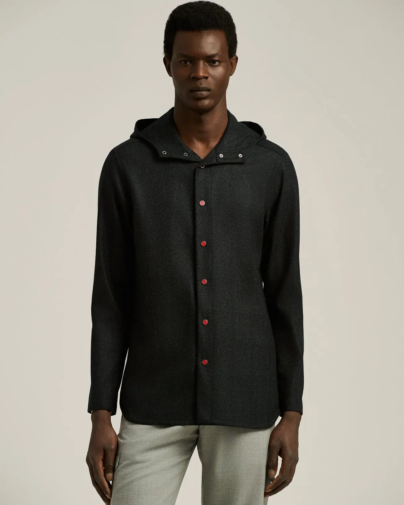 BLACK WOOL 'PETER' OVERSHIRT WITH HOOD