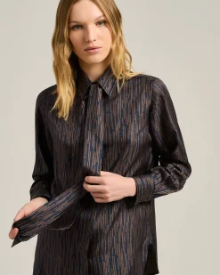 BLUE AND BROWN PRINTED SILK BLOUSE WITH TIE NECK