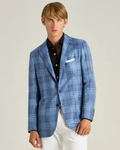 BLUE CASHMERE, SILK AND LINEN CHECKED SINGLE-BREASTED JACKET