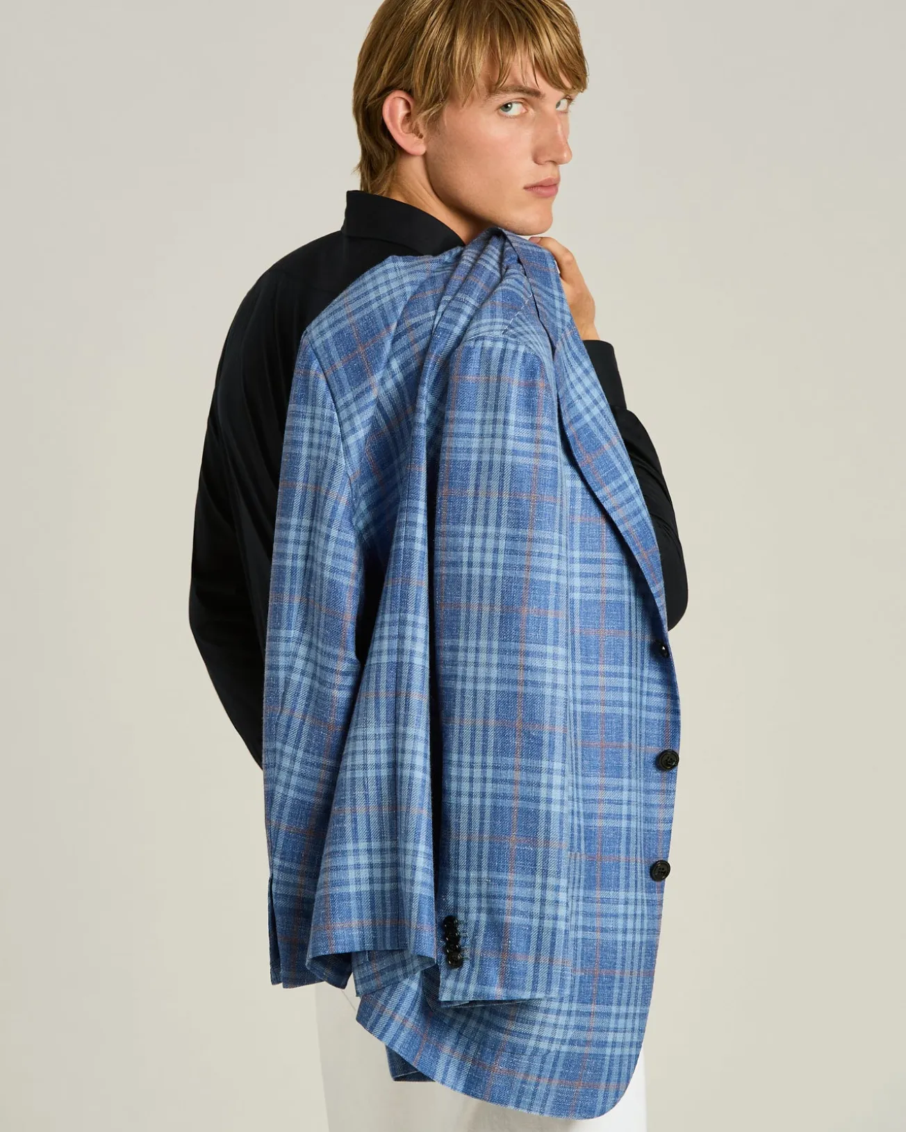 BLUE CASHMERE, SILK AND LINEN CHECKED SINGLE-BREASTED JACKET