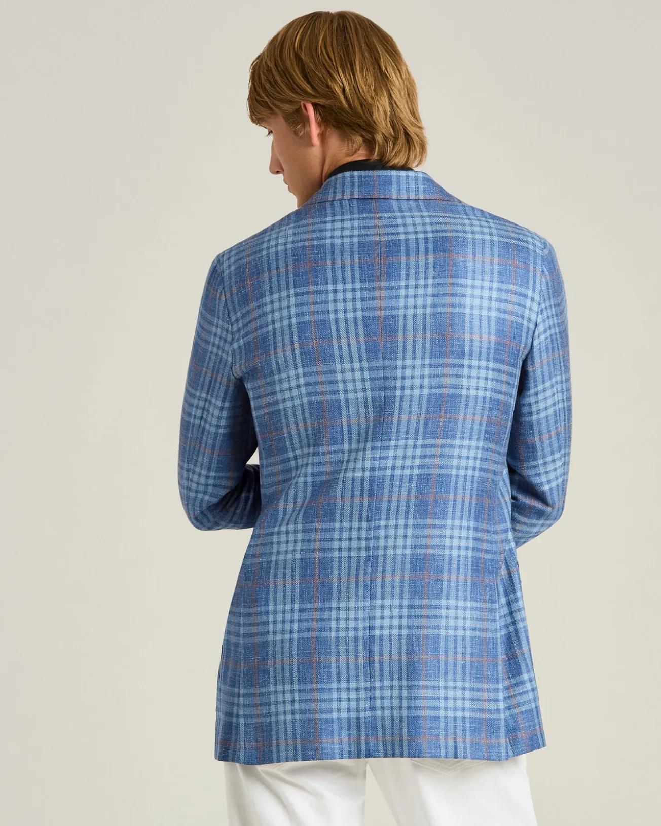 BLUE CASHMERE, SILK AND LINEN CHECKED SINGLE-BREASTED JACKET