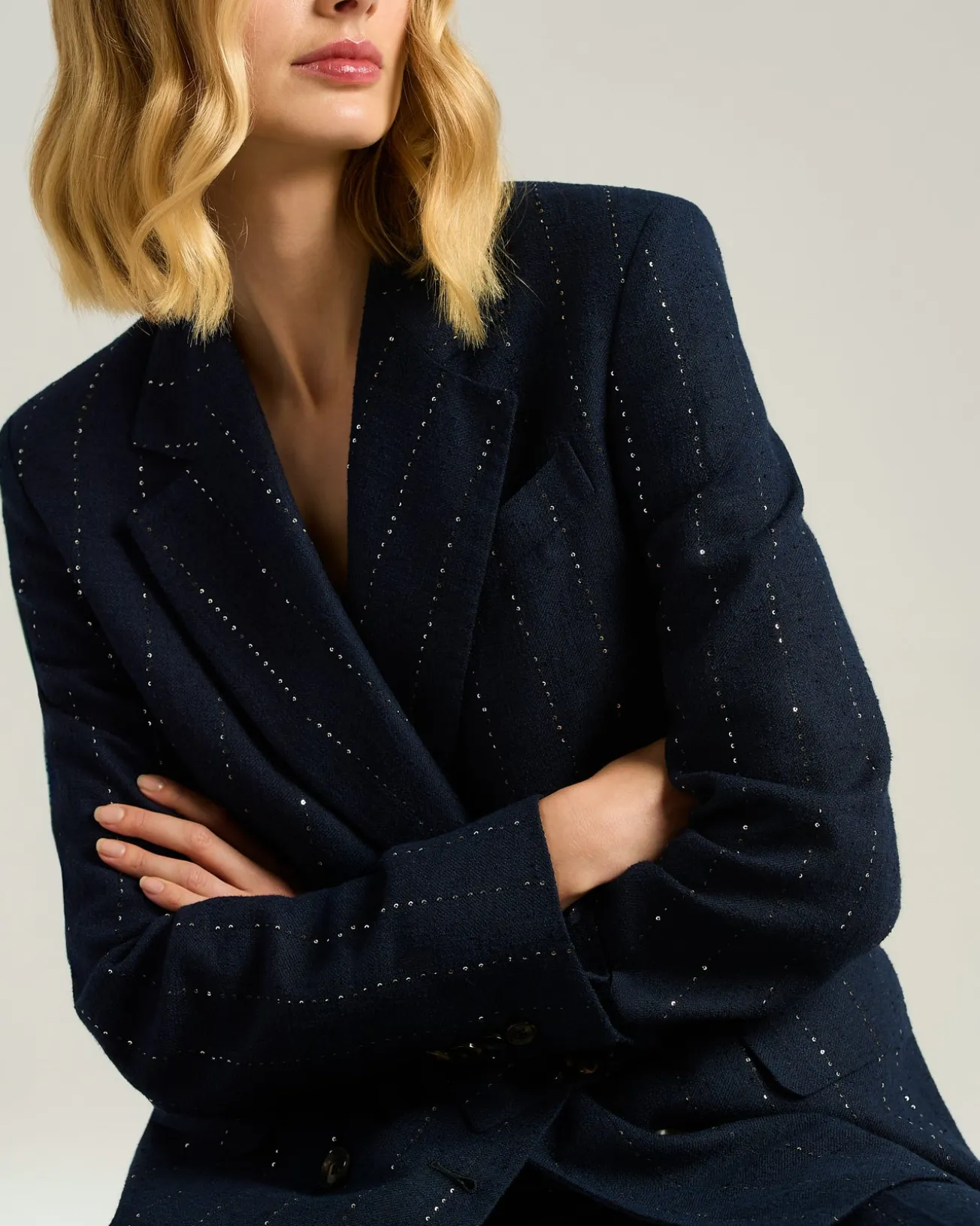 BLUE LINEN, WOOL AND SILK DOUBLE-BREASTED JACKET