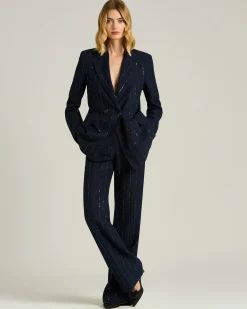BLUE LINEN, WOOL AND SILK DOUBLE-BREASTED JACKET