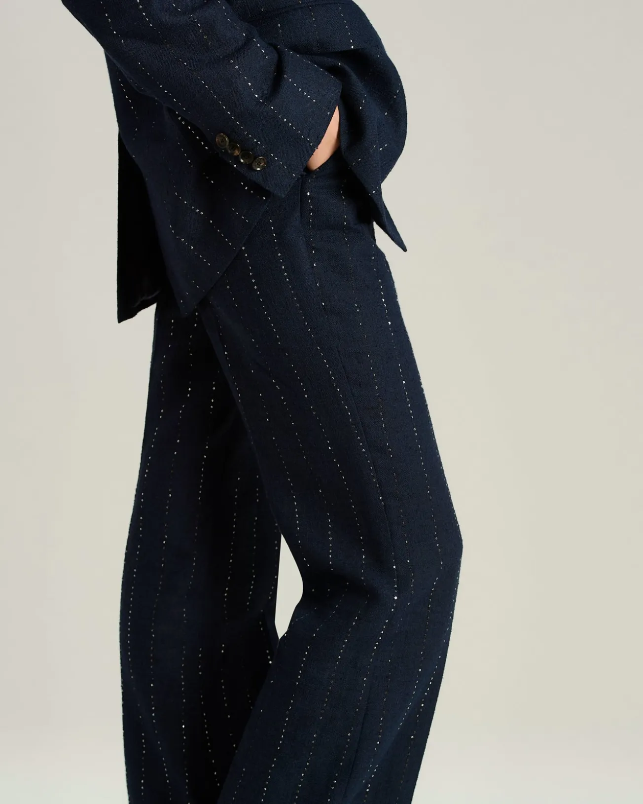 BLUE TAILORED LINEN WOOL, AND SILK TROUSERS