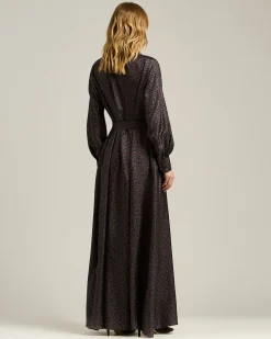 BROWN AND BLUE PRINTED LONG SILK SHIRT DRESS