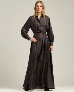 BROWN AND BLUE PRINTED LONG SILK SHIRT DRESS