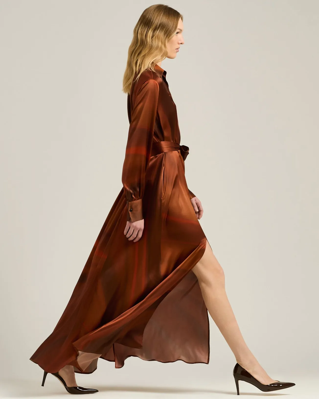 BROWN AND RUST PRINTED LONG SILK SHIRT DRESS