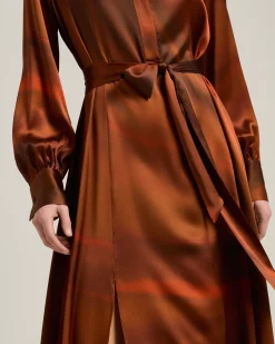 BROWN AND RUST PRINTED LONG SILK SHIRT DRESS