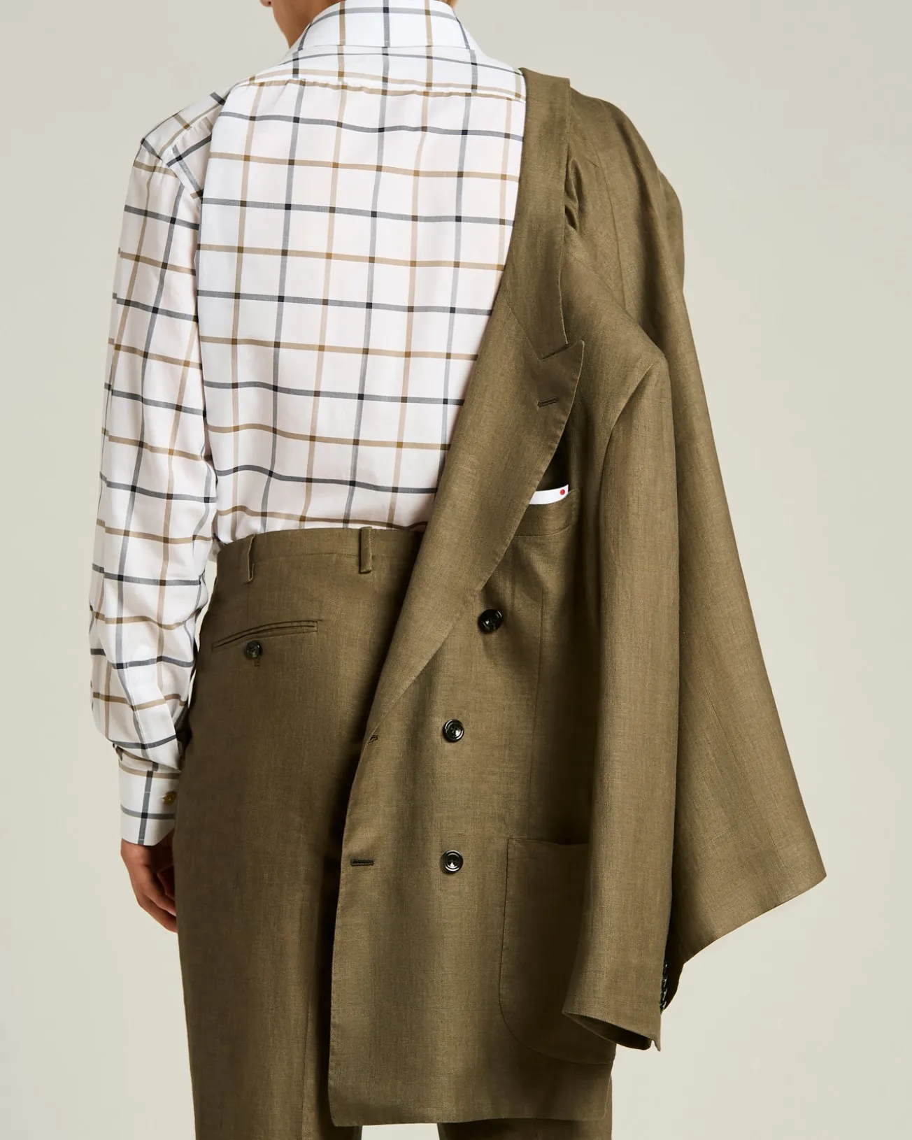 BROWN LINEN, WOOL AND SILK BLEND DOUBLE-BREASTED SUIT