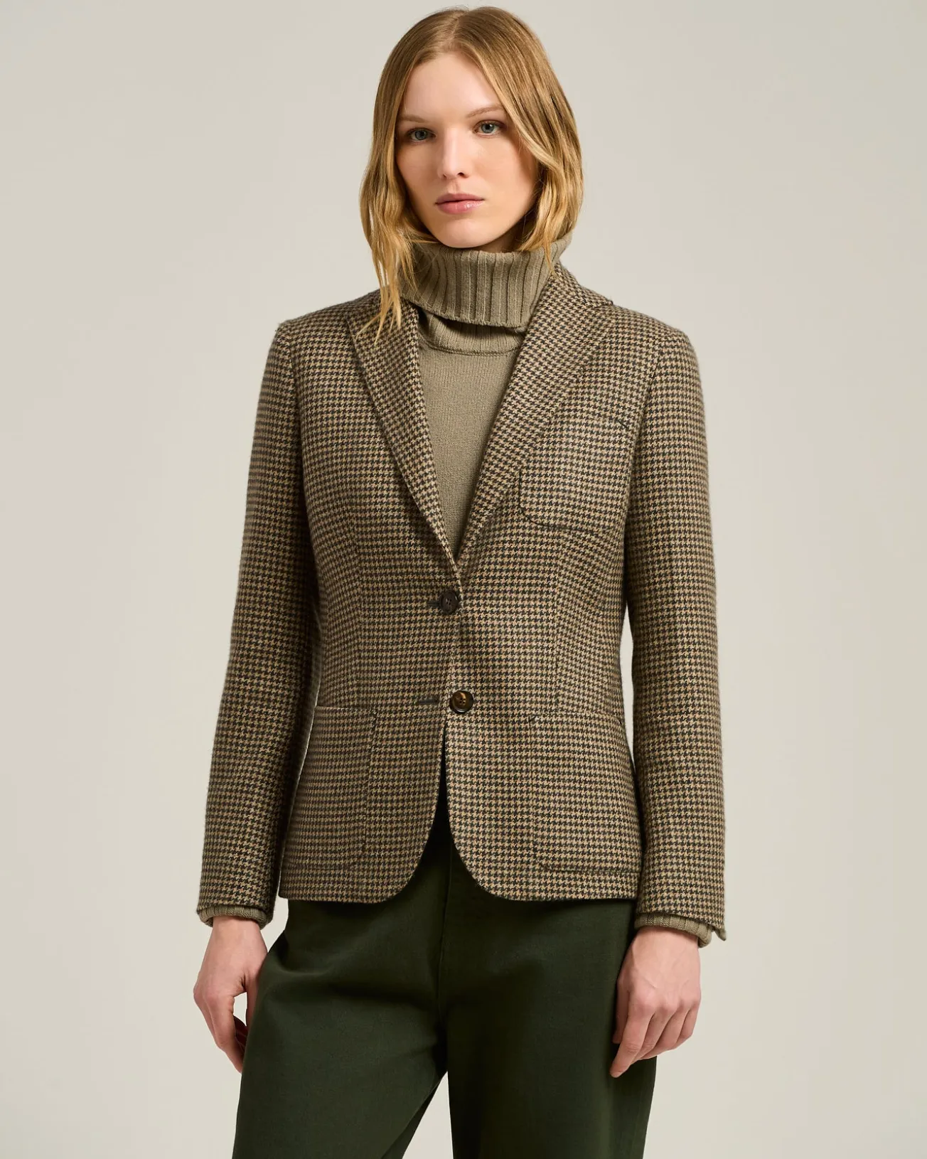 BROWN SINGLE-BREASTED HOUNDSTOOTH PURE CASHMERE BLAZER