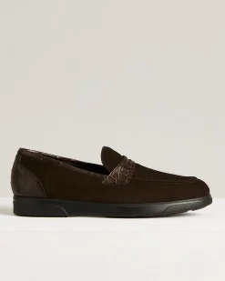 BROWN SUEDE CALFSKIN LOAFERS WITH CROCODILE INSERTS