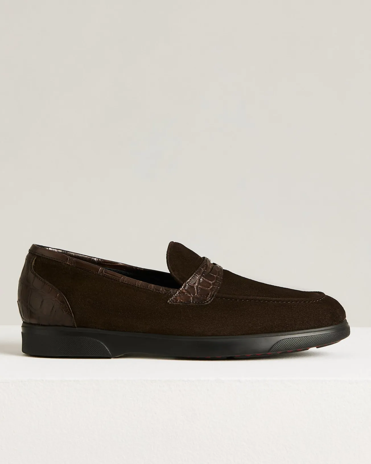 BROWN SUEDE CALFSKIN LOAFERS WITH CROCODILE INSERTS