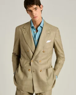 BROWN WOOL, SILK AND LINEN BLEND DOUBLE-BREASTED SUIT