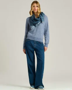 CASHMERE AND SILK BLEND BLUE STOLE IN CALFSKIN TRIM