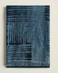 CASHMERE AND SILK BLEND BLUE STOLE IN CALFSKIN TRIM