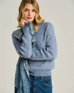 CASHMERE AND SILK BLEND BLUE STOLE IN CALFSKIN TRIM