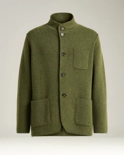 CASUAL JACKET IN PURE GREEN CASHMERE WITH MANDARIN COLLAR