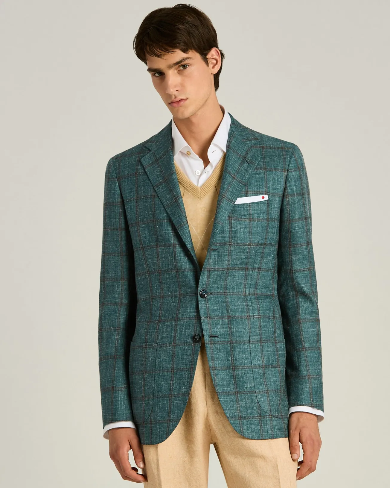 CHECKED SINGLE-BREASTED JACKET IN GREEN CASHMERE SILK LINEN BLEND
