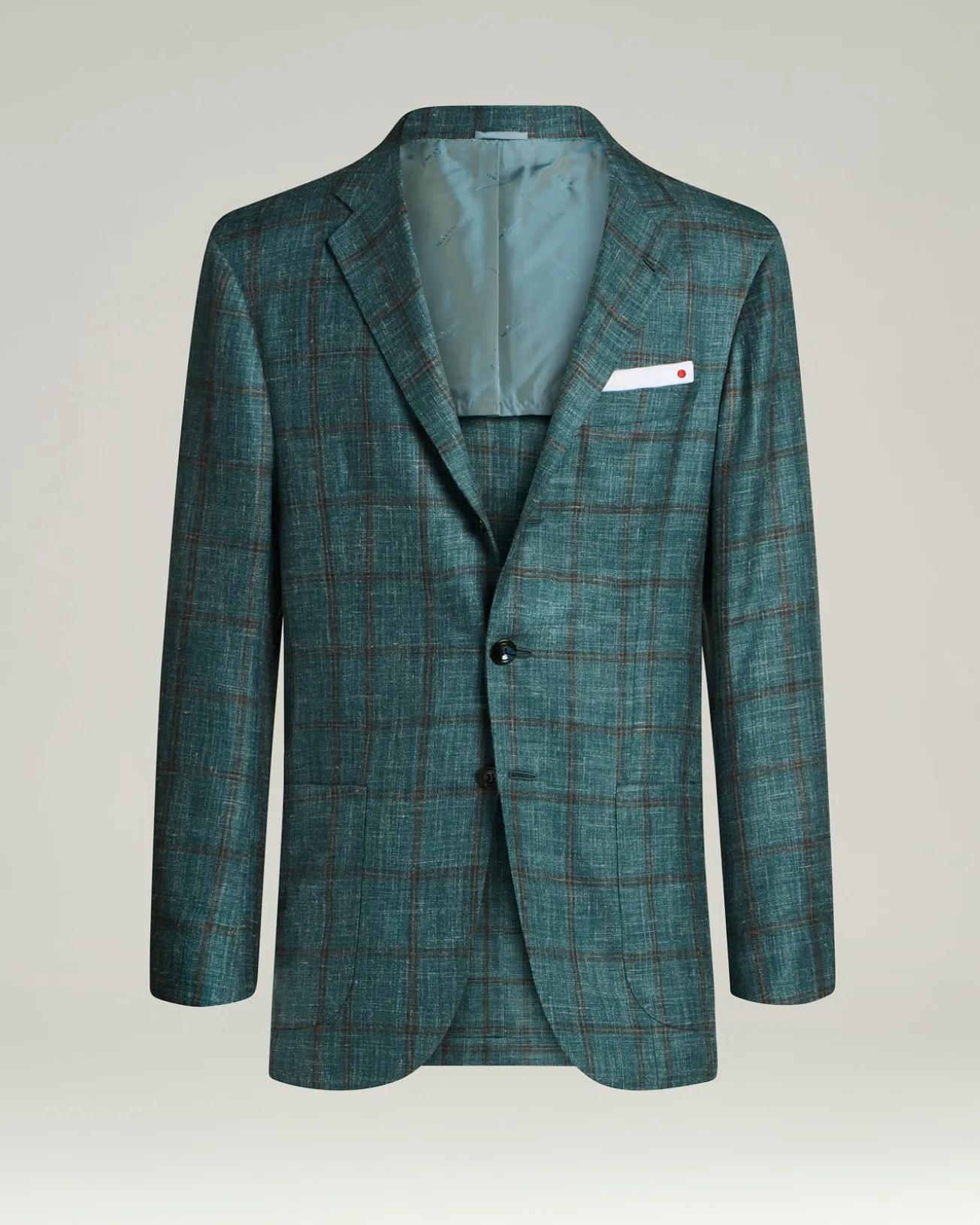CHECKED SINGLE-BREASTED JACKET IN GREEN CASHMERE SILK LINEN BLEND