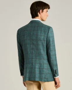 CHECKED SINGLE-BREASTED JACKET IN GREEN CASHMERE SILK LINEN BLEND
