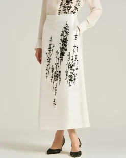 COTTON SILK SATIN TAILORED SKIRT WITH RAISED EMBROIDERY IN OPTICAL WHITE