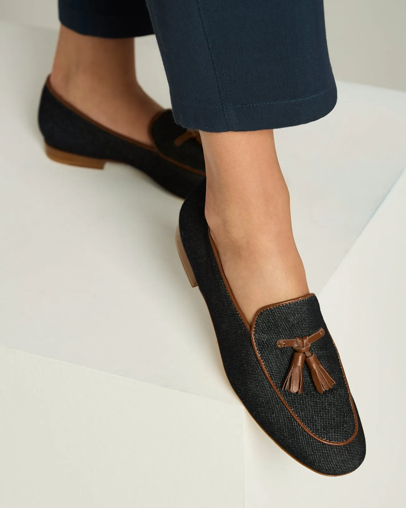 COTTON TASSEL LOAFER DENIM UPPER WITH CALFSKIN LEATHER TRIM