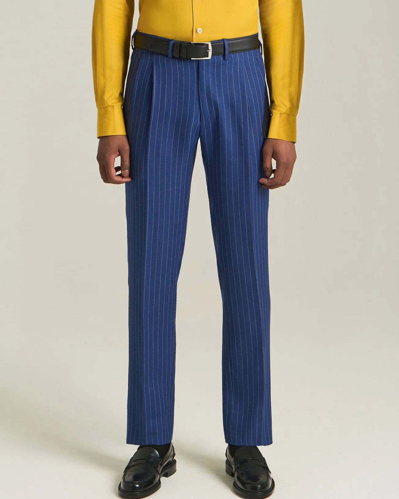 DOUBLE-BREASTED CASHMERE AND LINEN PINSTRIPE SUIT