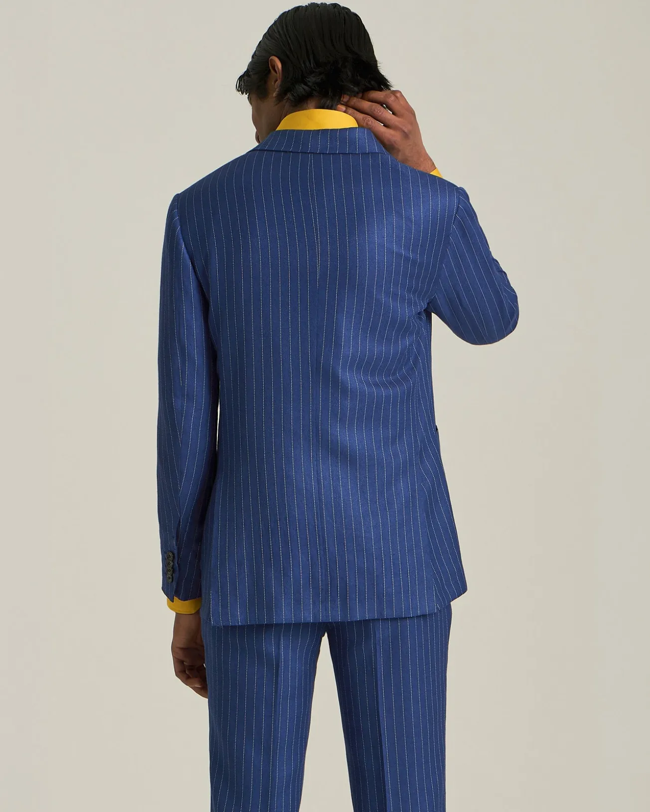 DOUBLE-BREASTED CASHMERE AND LINEN PINSTRIPE SUIT