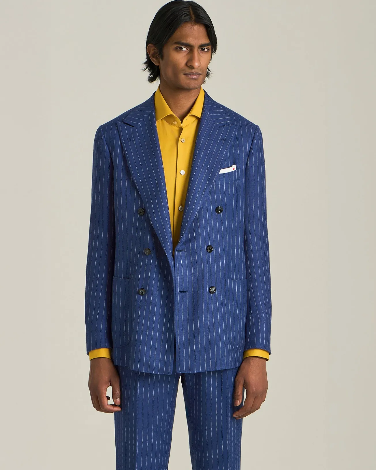 DOUBLE-BREASTED CASHMERE AND LINEN PINSTRIPE SUIT