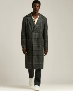 DOUBLE-BREASTED LONG COAT PRINCE OF WALES IN WOOL, CASHMERE AND SILK