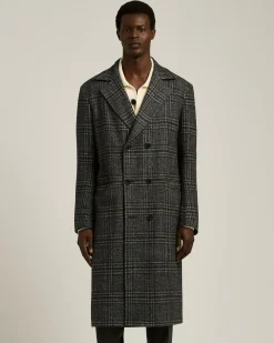 DOUBLE-BREASTED LONG COAT PRINCE OF WALES IN WOOL, CASHMERE AND SILK