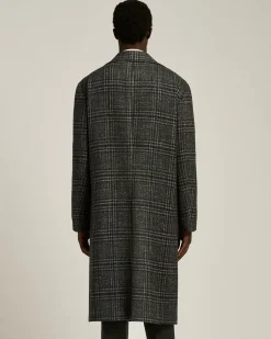 DOUBLE-BREASTED LONG COAT PRINCE OF WALES IN WOOL, CASHMERE AND SILK
