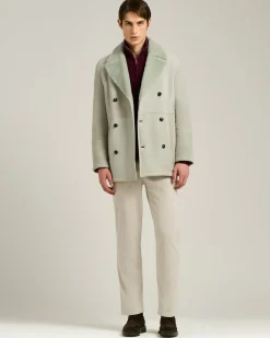 DOUBLE-BREASTED OVERCOAT IN LIGHT GREY SHEARLING