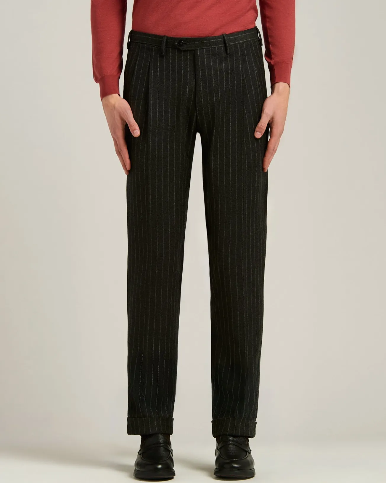 DOUBLE-BREASTED PINSTRIPE SUIT IN GREY WOOL AND CASHMERE