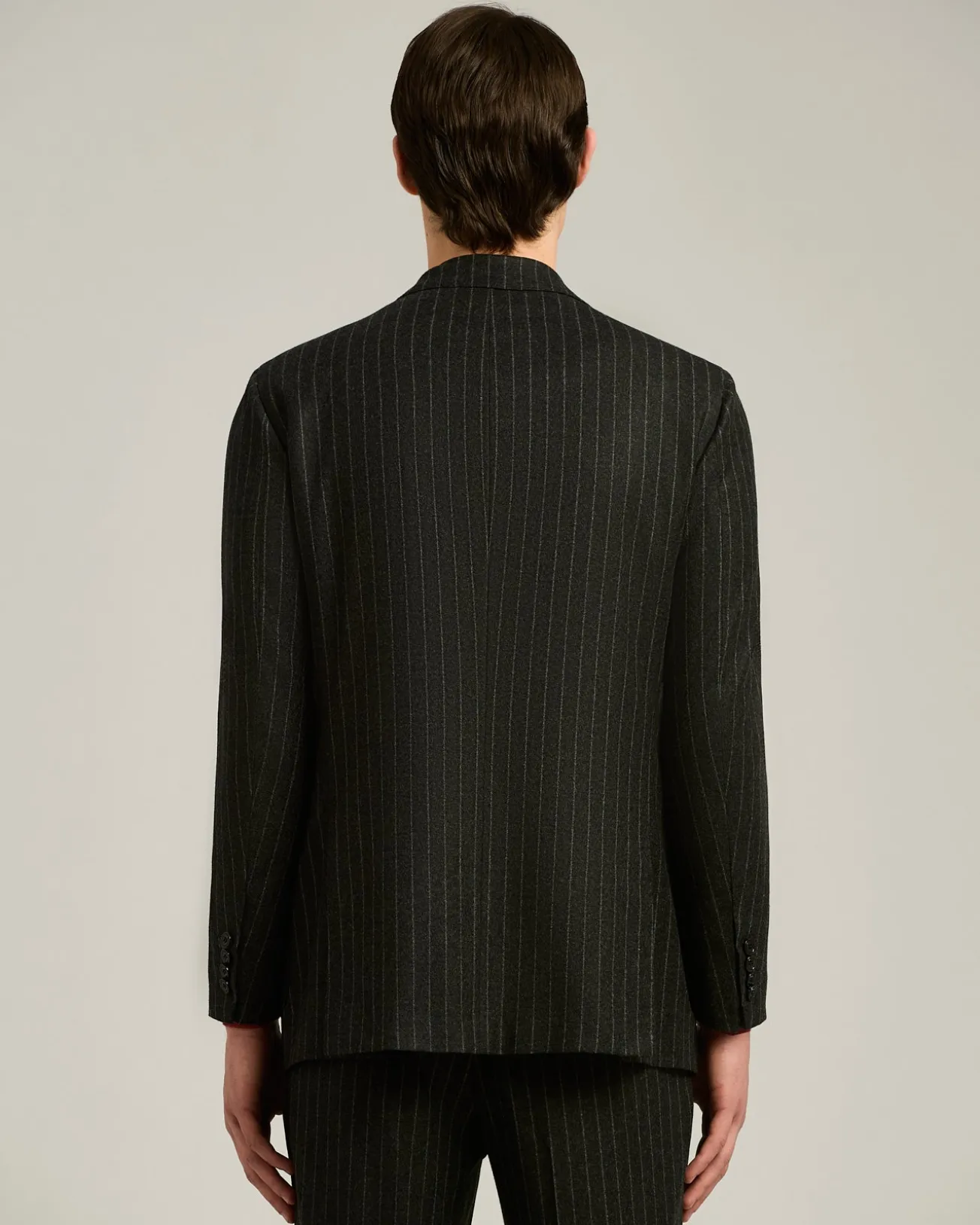 DOUBLE-BREASTED PINSTRIPE SUIT IN GREY WOOL AND CASHMERE