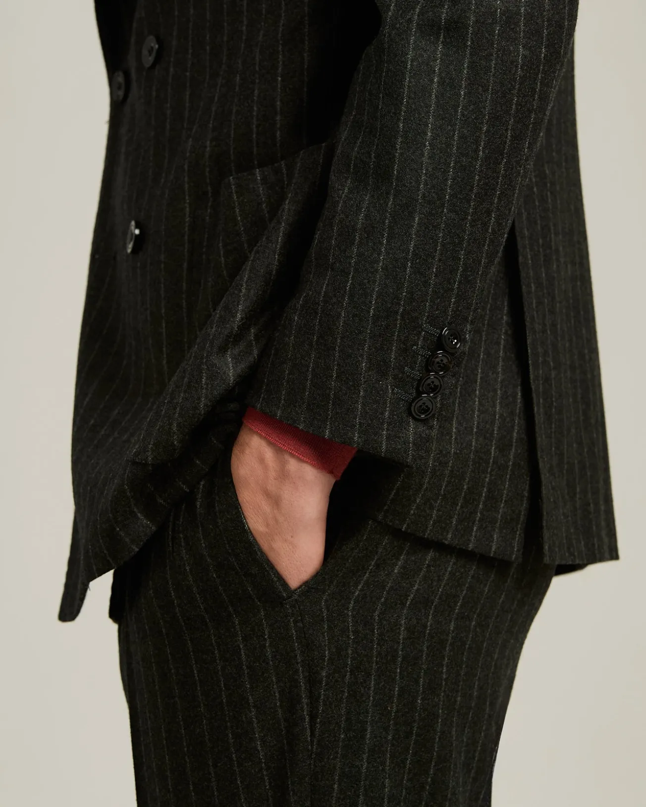 DOUBLE-BREASTED PINSTRIPE SUIT IN GREY WOOL AND CASHMERE